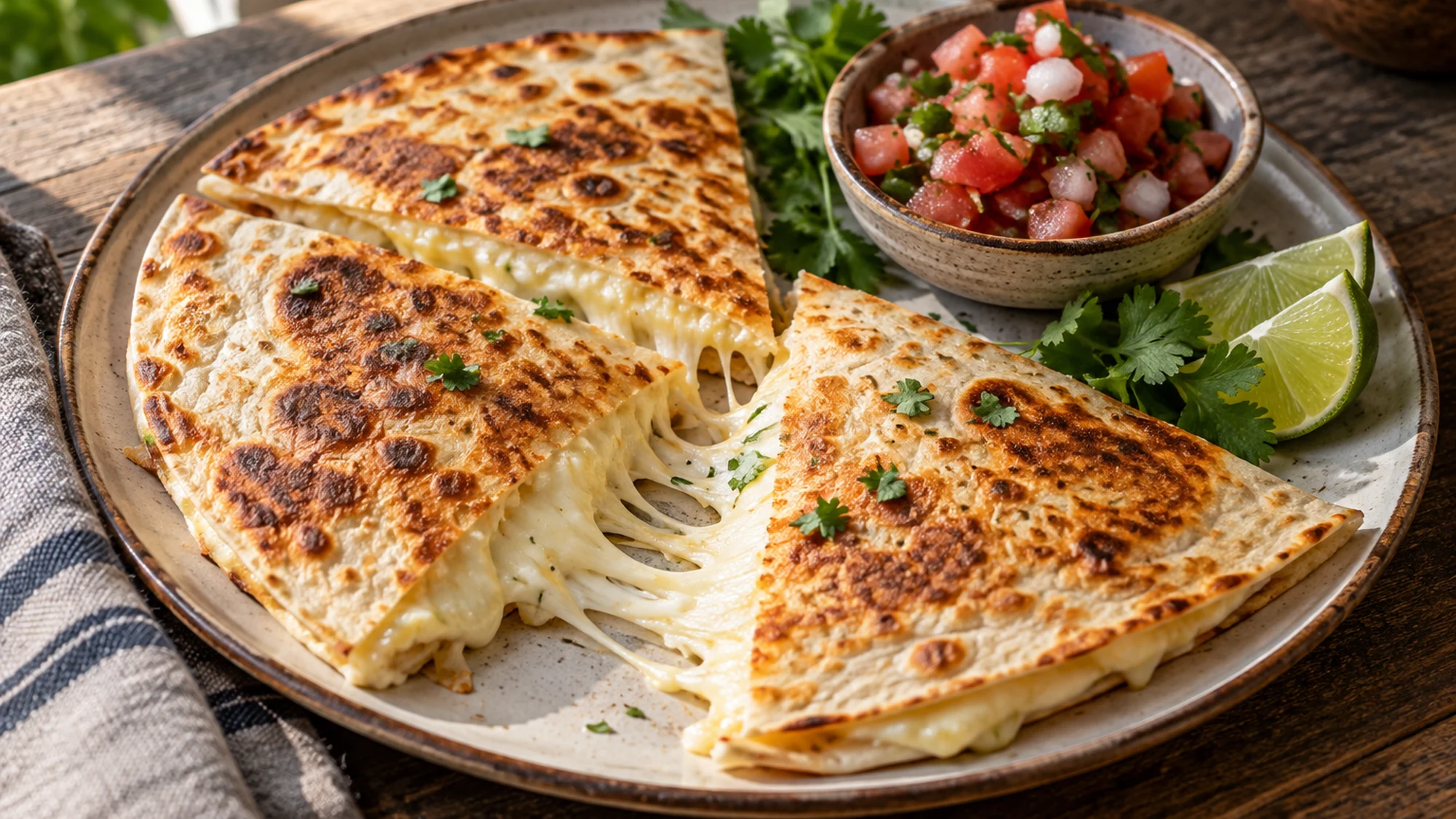 Overhead view of quesadilla recipe with its finished ingredients visible.