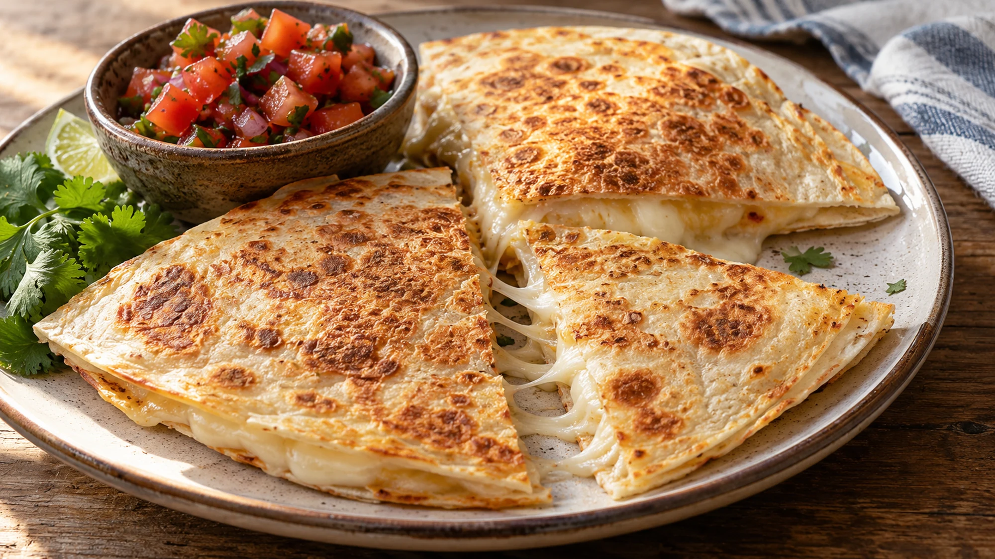 Close serving detail of quesadilla recipe. A cut quesadilla wedge showing modest melted cheese between golden tortillas.