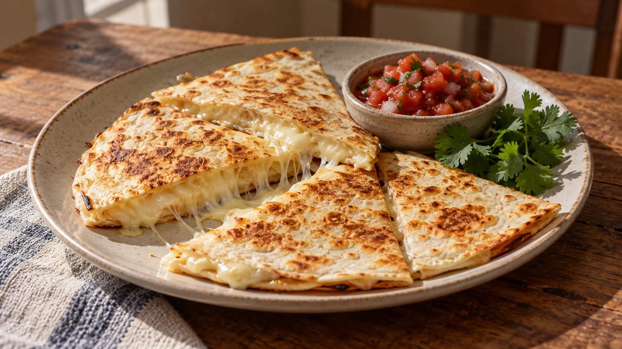 quesadilla recipe arranged for serving on a simple home table.