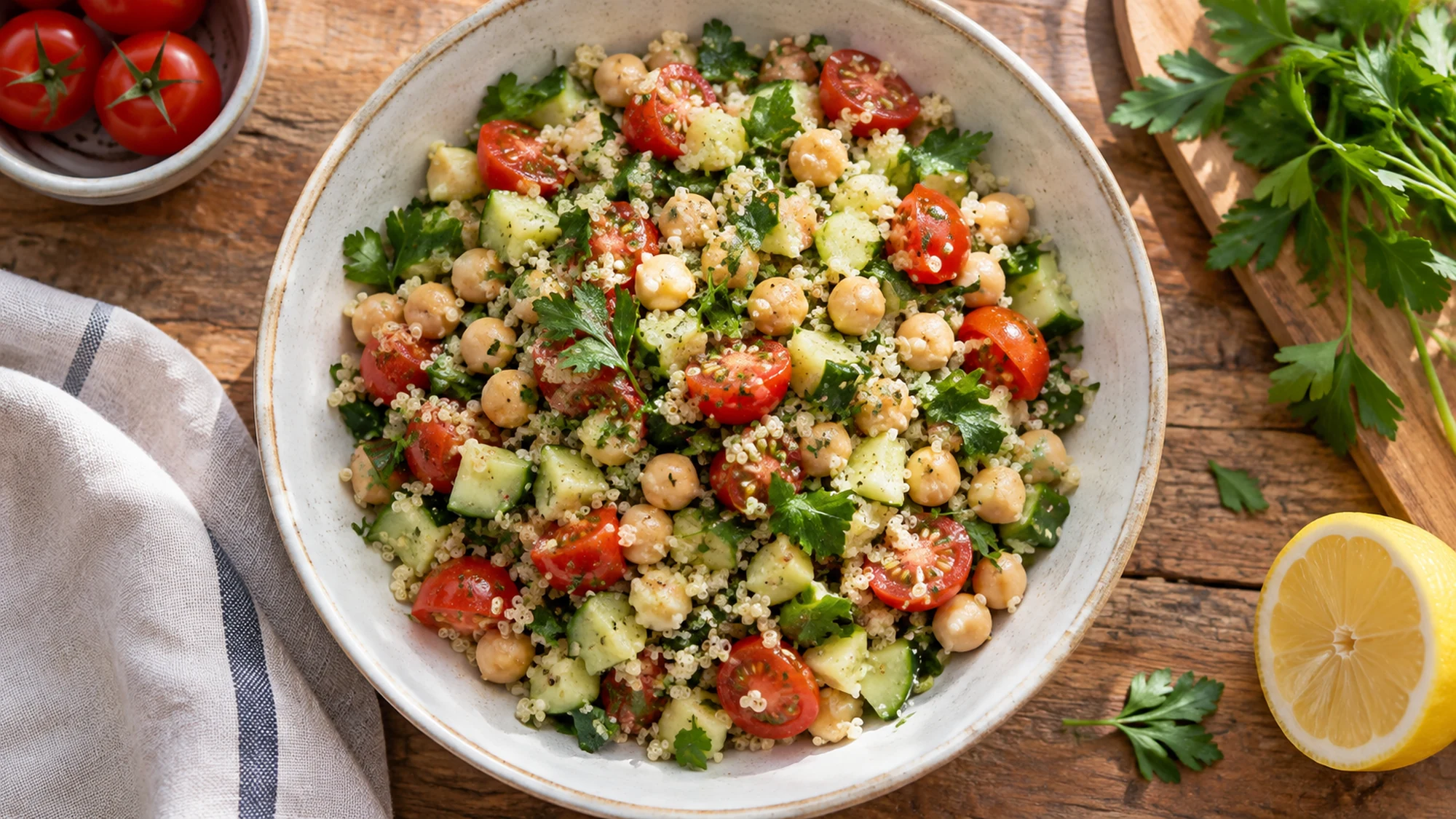 Overhead view of quinoa salad with chickpeas, cucumber, cherry tomatoes and parsley in a serving bowl