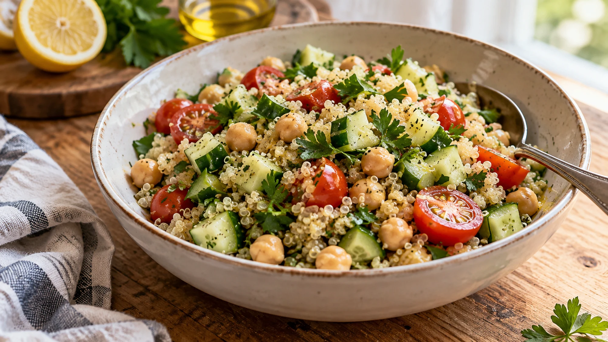Serving detail showing the texture of quinoa salad