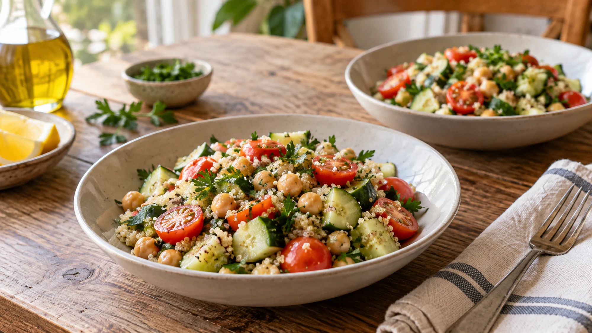 Two modest portions of quinoa salad ready to serve