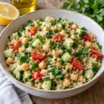 Square close-up of quinoa salad with chickpeas, cucumber, cherry tomatoes and parsley in a serving bowl