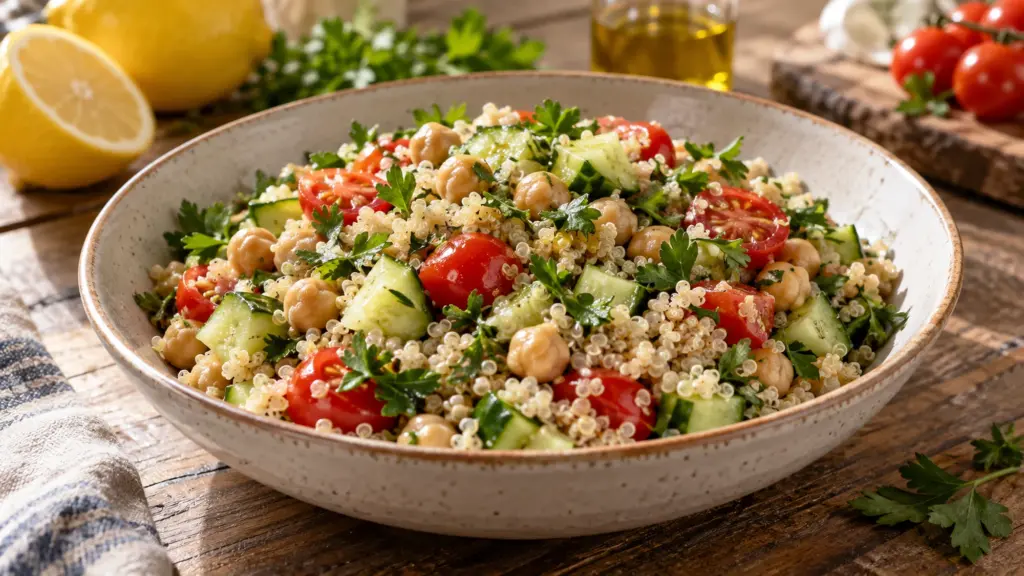 Quinoa salad with chickpeas, cucumber, cherry tomatoes and parsley in a serving bowl