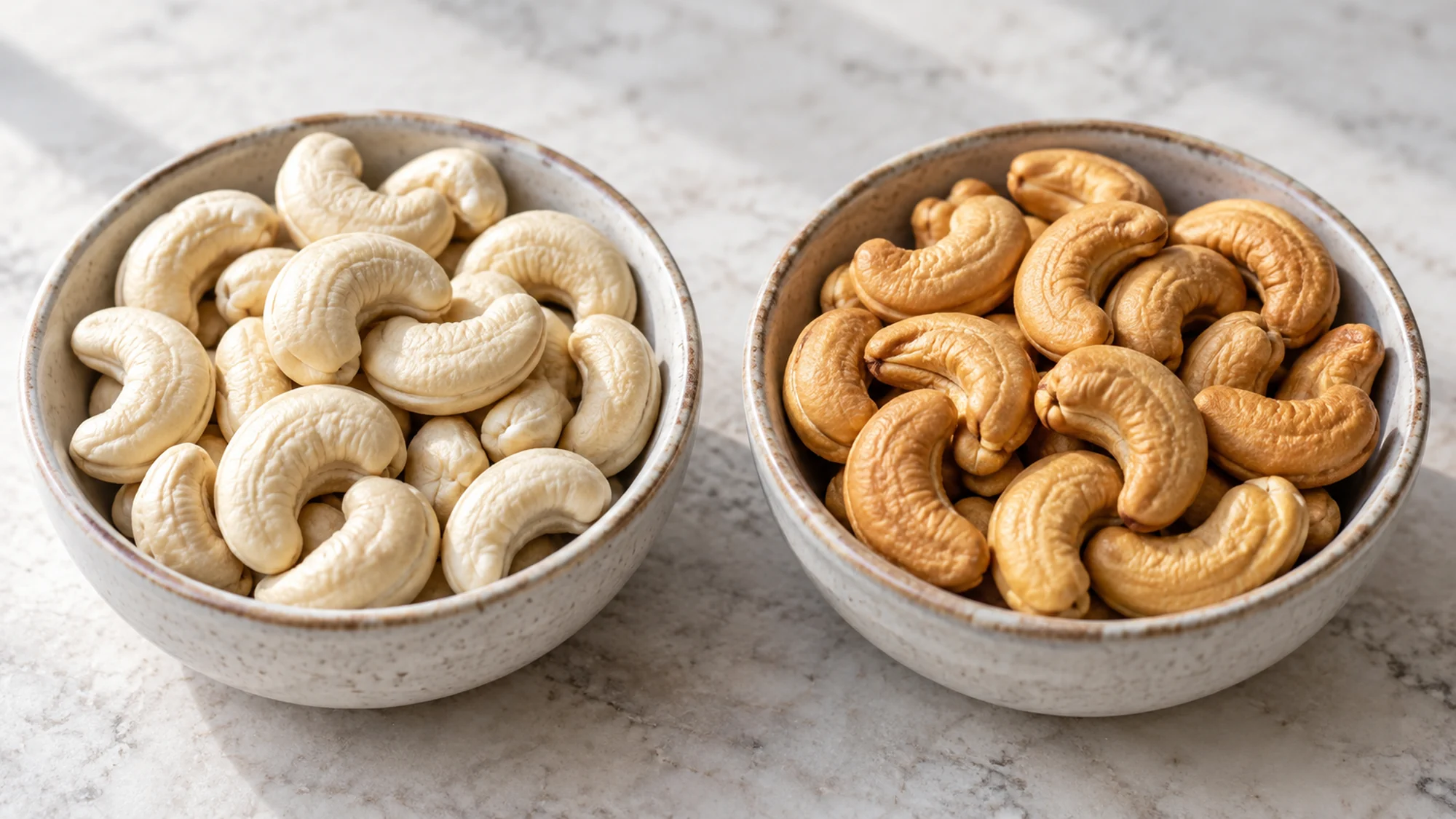 Pale unroasted cashews and golden roasted cashews in separate bowls