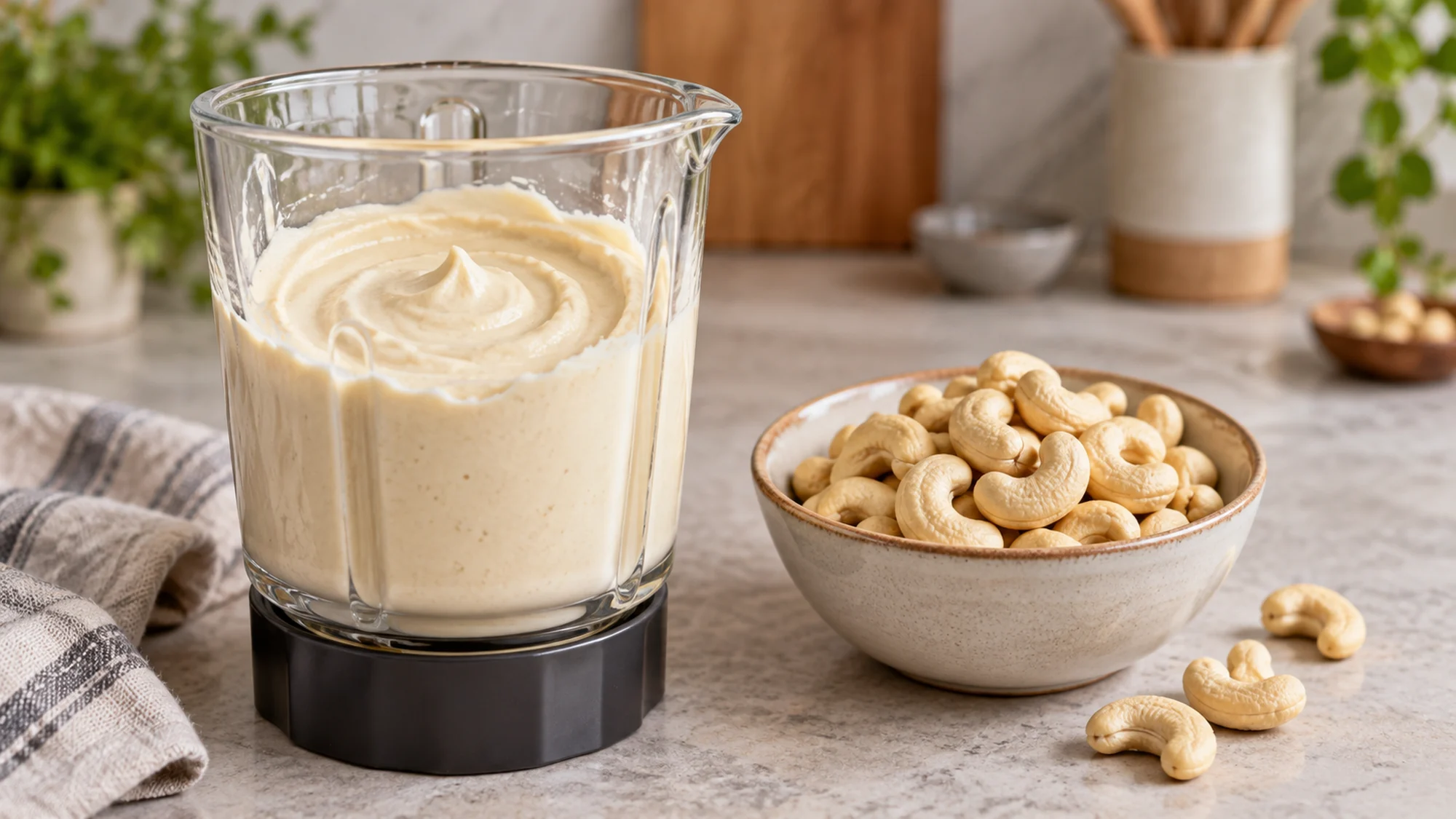 Smooth cashew cream beside a bowl of unroasted cashew kernels