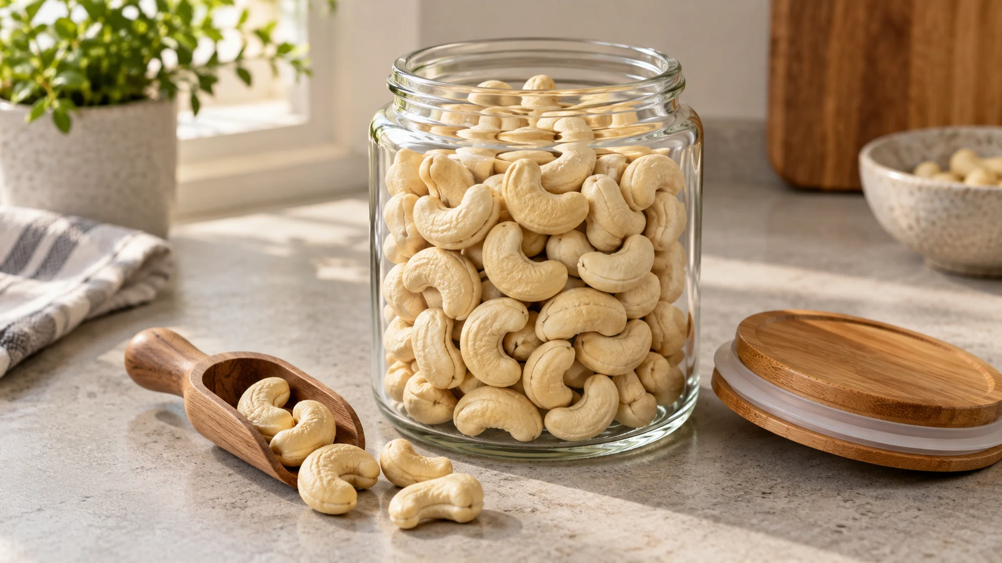 Glass jar of raw cashews with its lid and a small scoop