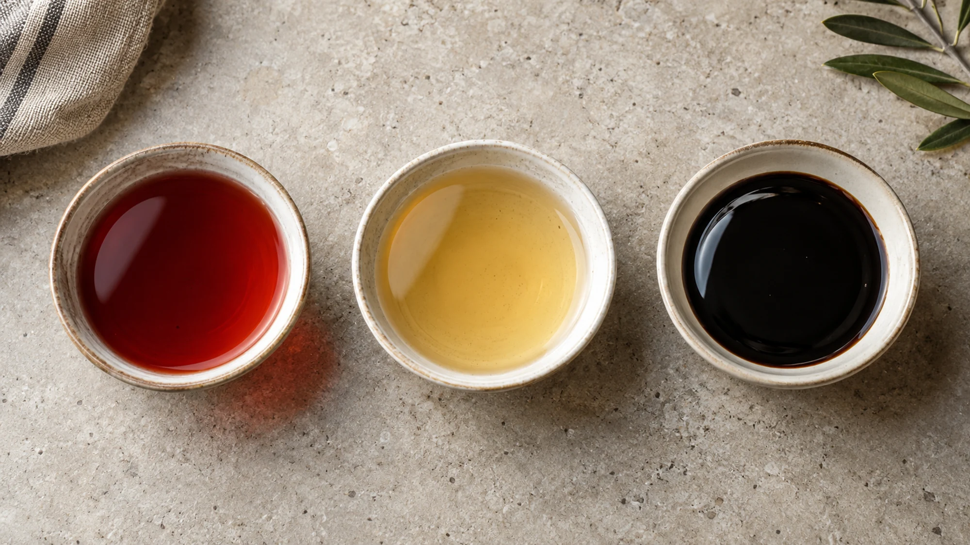 Separate dishes of red wine vinegar, pale vinegar and balsamic vinegar on a kitchen counter