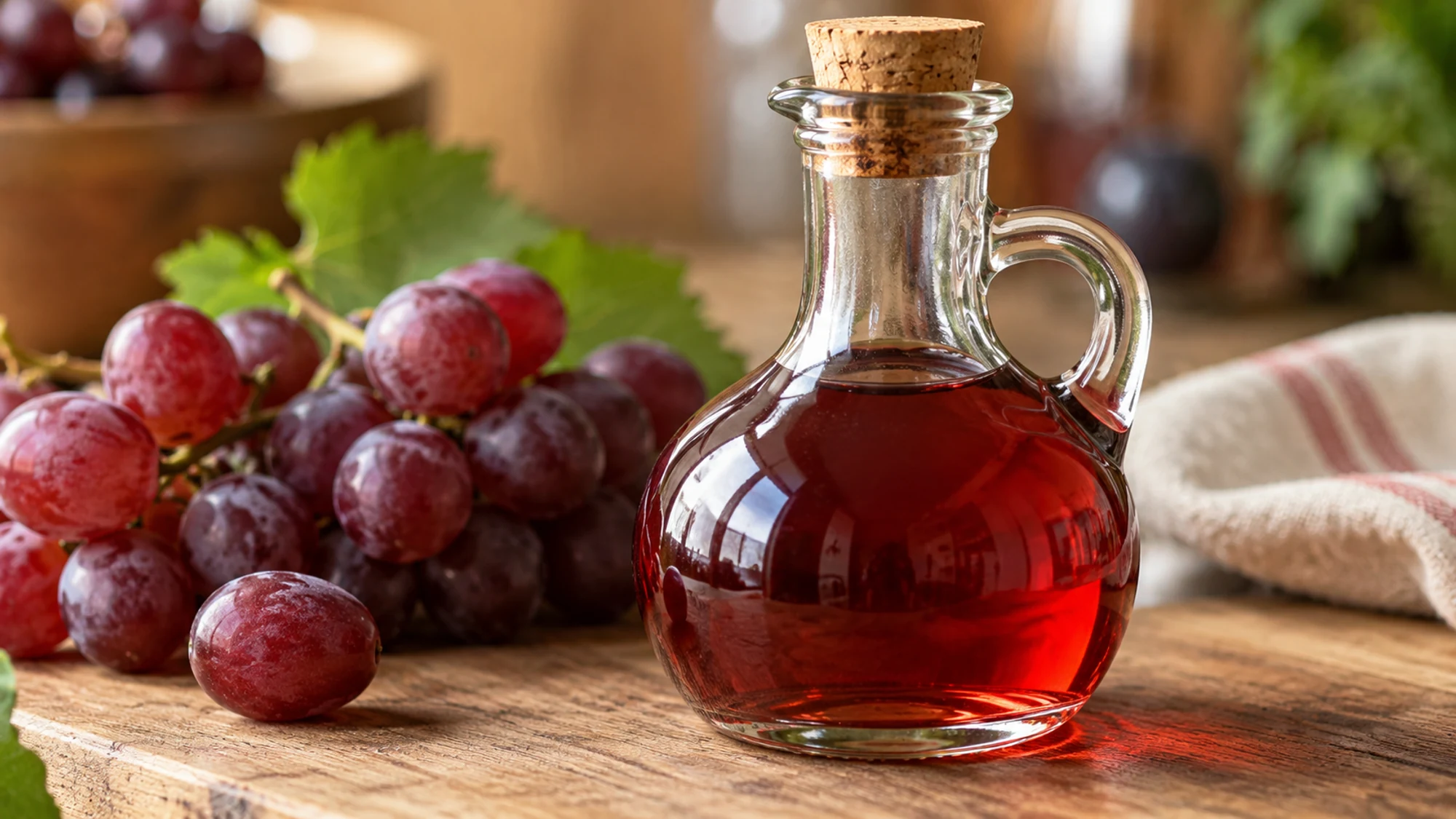 Close view of red wine vinegar in a clear glass vessel beside red grapes