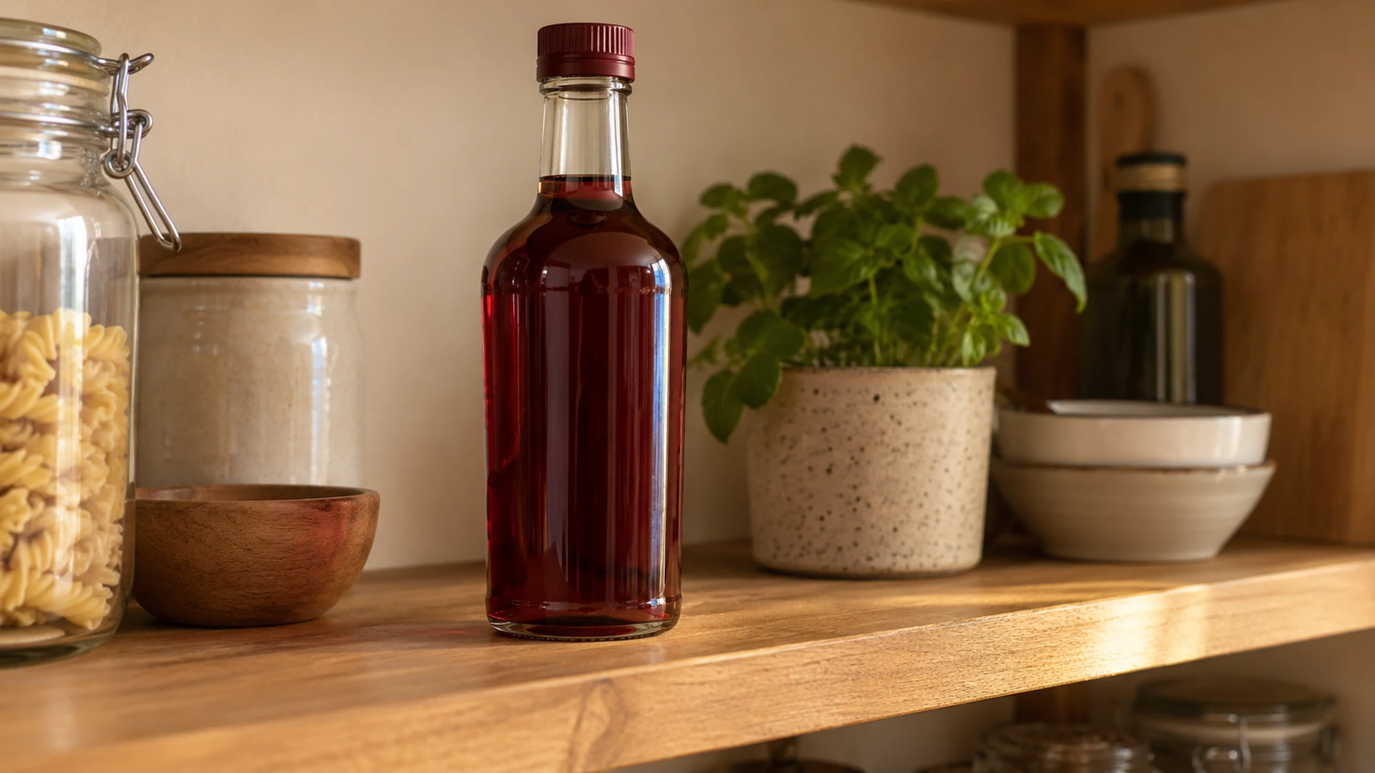 Capped red wine vinegar bottle standing on a pantry shelf away from a window