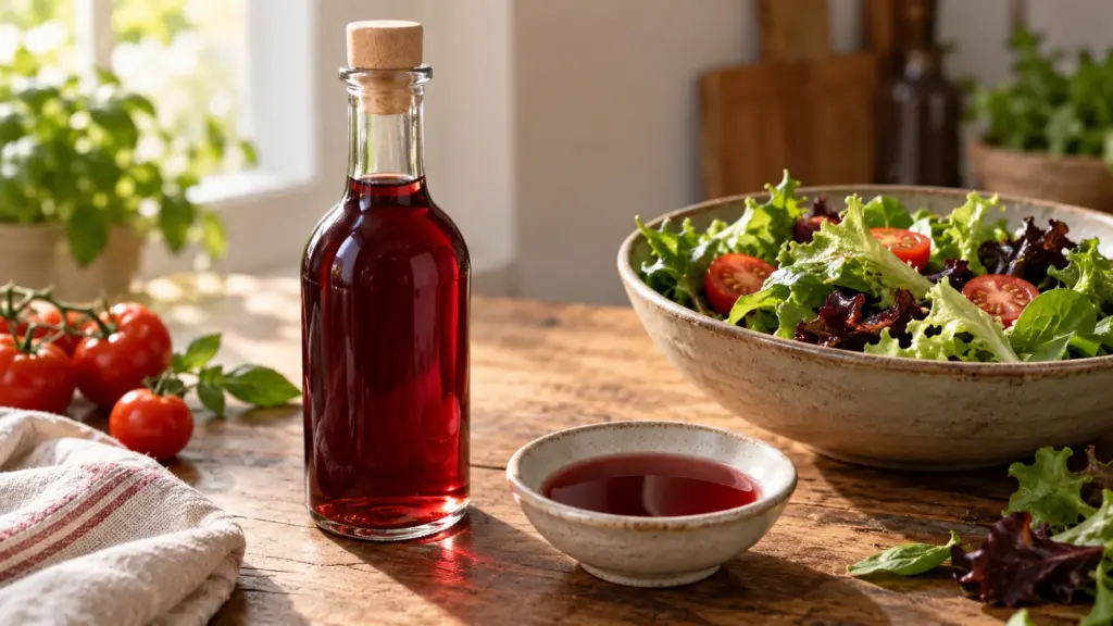 Unlabeled bottle of red wine vinegar beside a small bowl of ruby-colored vinegar and leafy salad