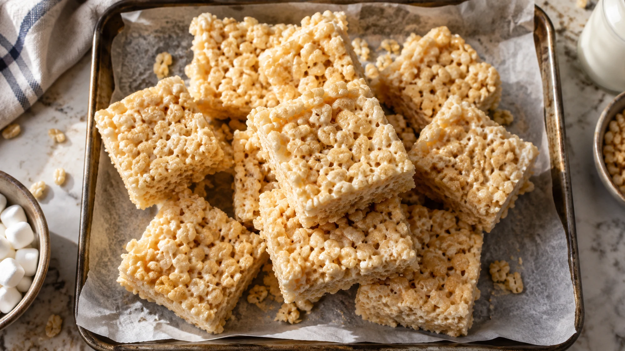 Overhead view of rice krispie squares with its finished ingredients visible.