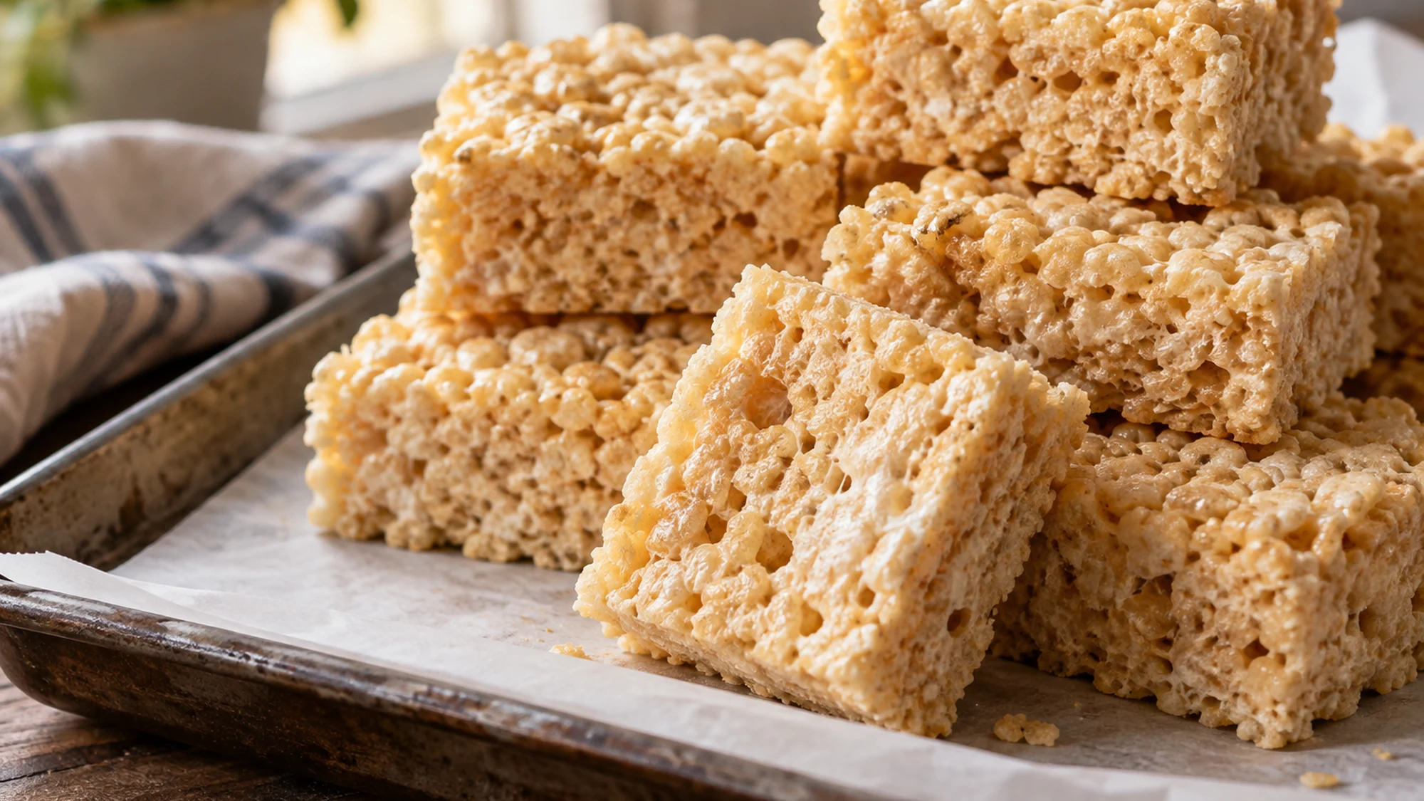 Close serving detail of rice krispie squares. One cut square tipped forward to reveal crisp cereal and soft marshmallow texture.
