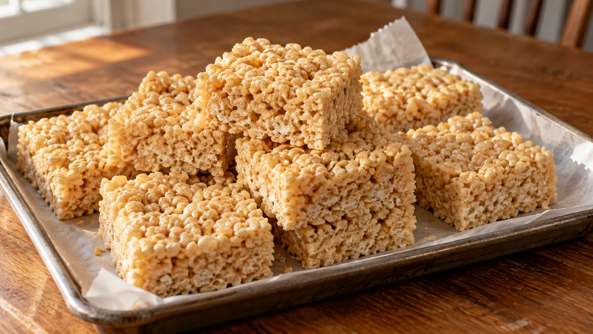 rice krispie squares arranged for serving on a simple home table.