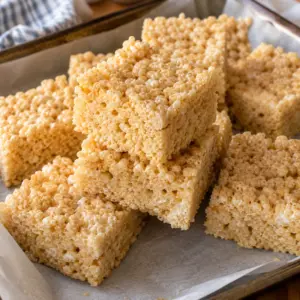 Square close-up of the finished rice krispie squares.