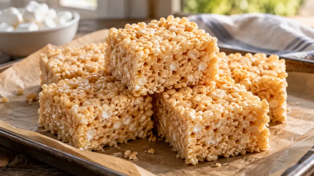 rice krispie squares served fresh, showing Buttery marshmallow cereal squares flavored with vanilla and a pinch of salt.