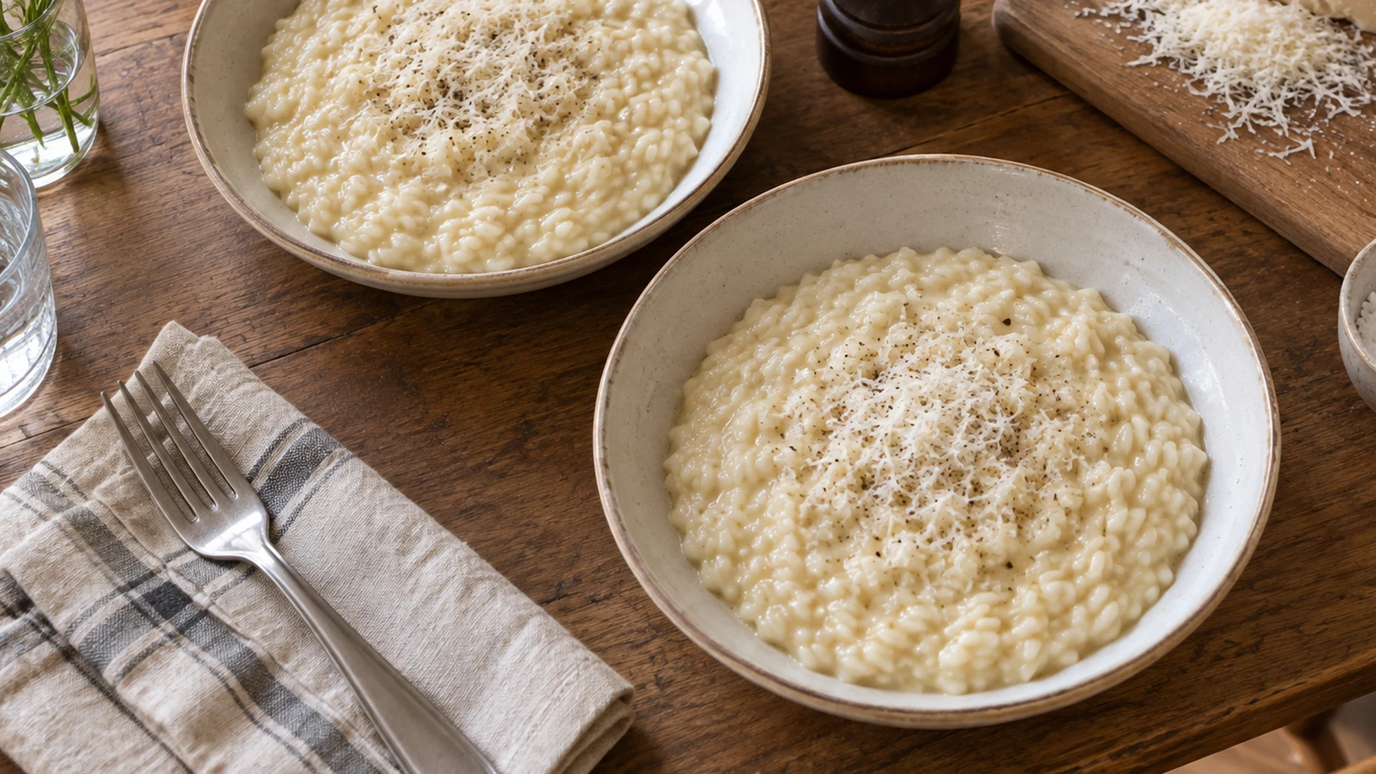 Two bowls of Parmesan risotto ready to serve.
