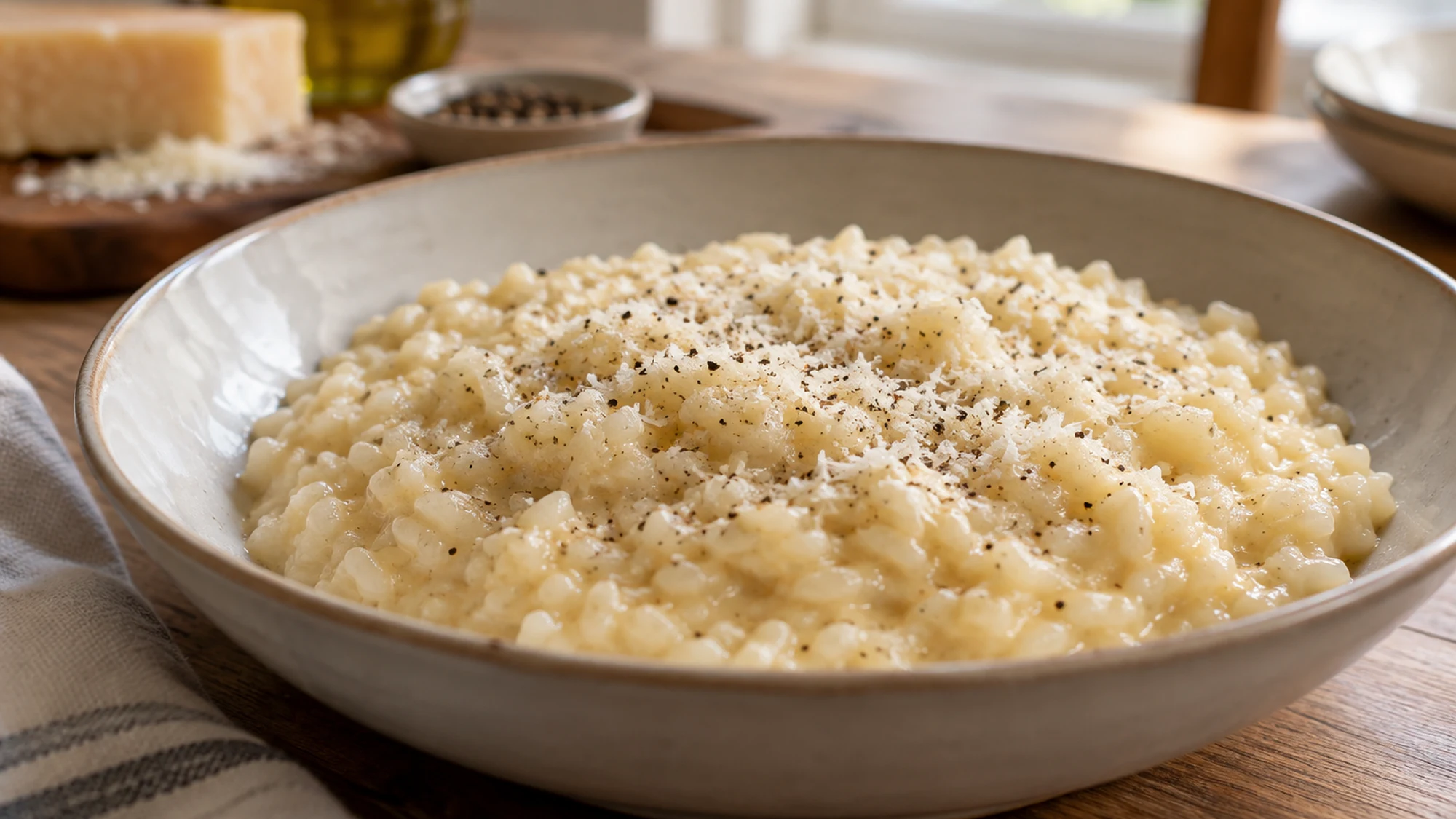Creamy risotto finished with grated Parmesan and black pepper.