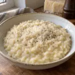 A bowl of finished Parmesan risotto with tender rice grains.