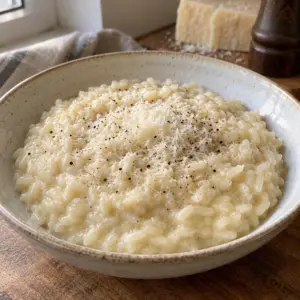 A bowl of finished Parmesan risotto with tender rice grains.