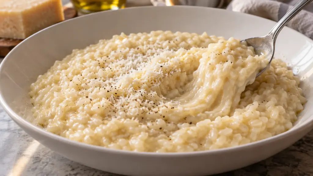 Creamy Parmesan risotto in a shallow bowl with black pepper and a spoon.