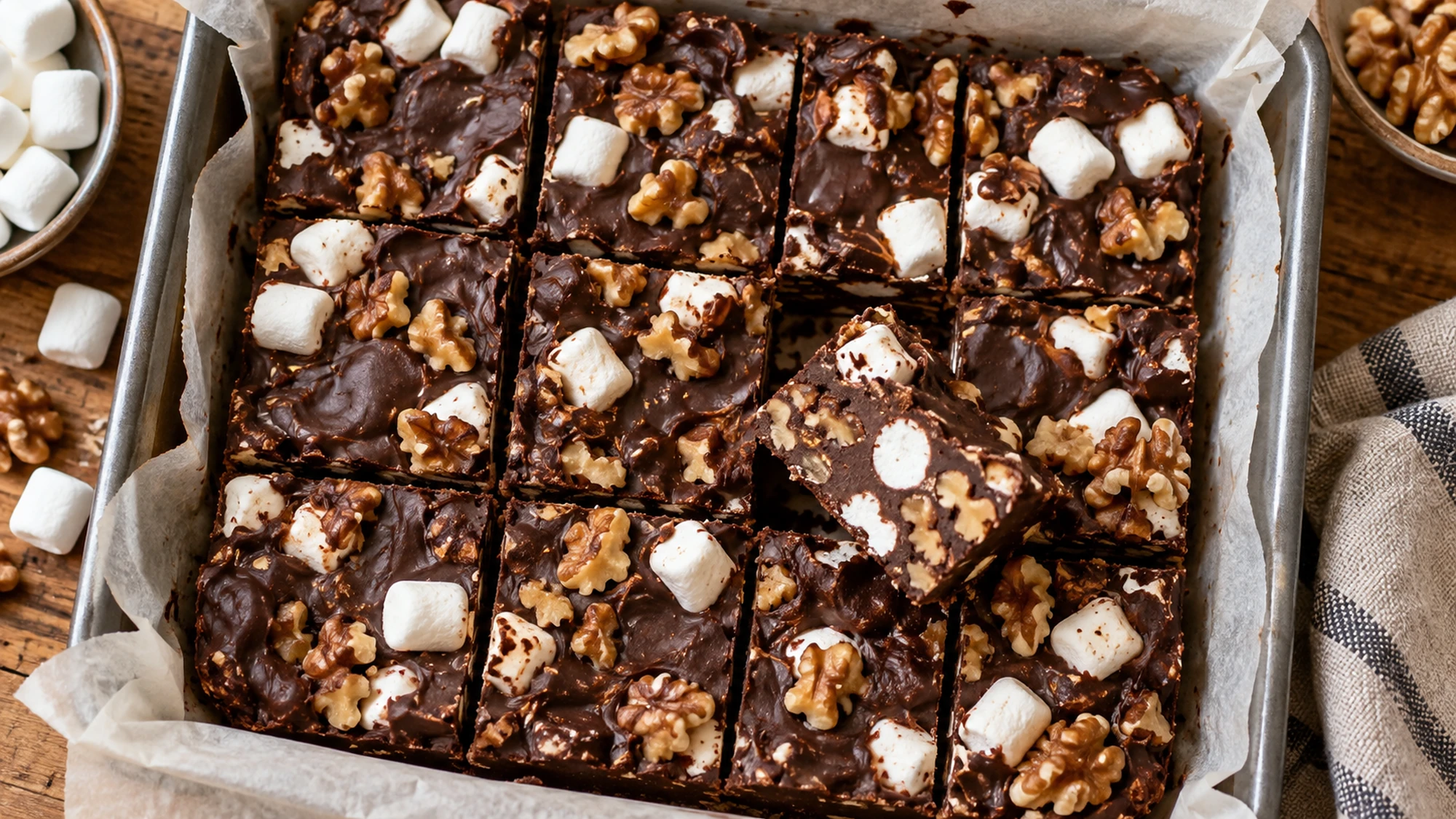 Overhead view of cut rocky road squares in a lined pan, with marshmallow and walnut pieces visible.