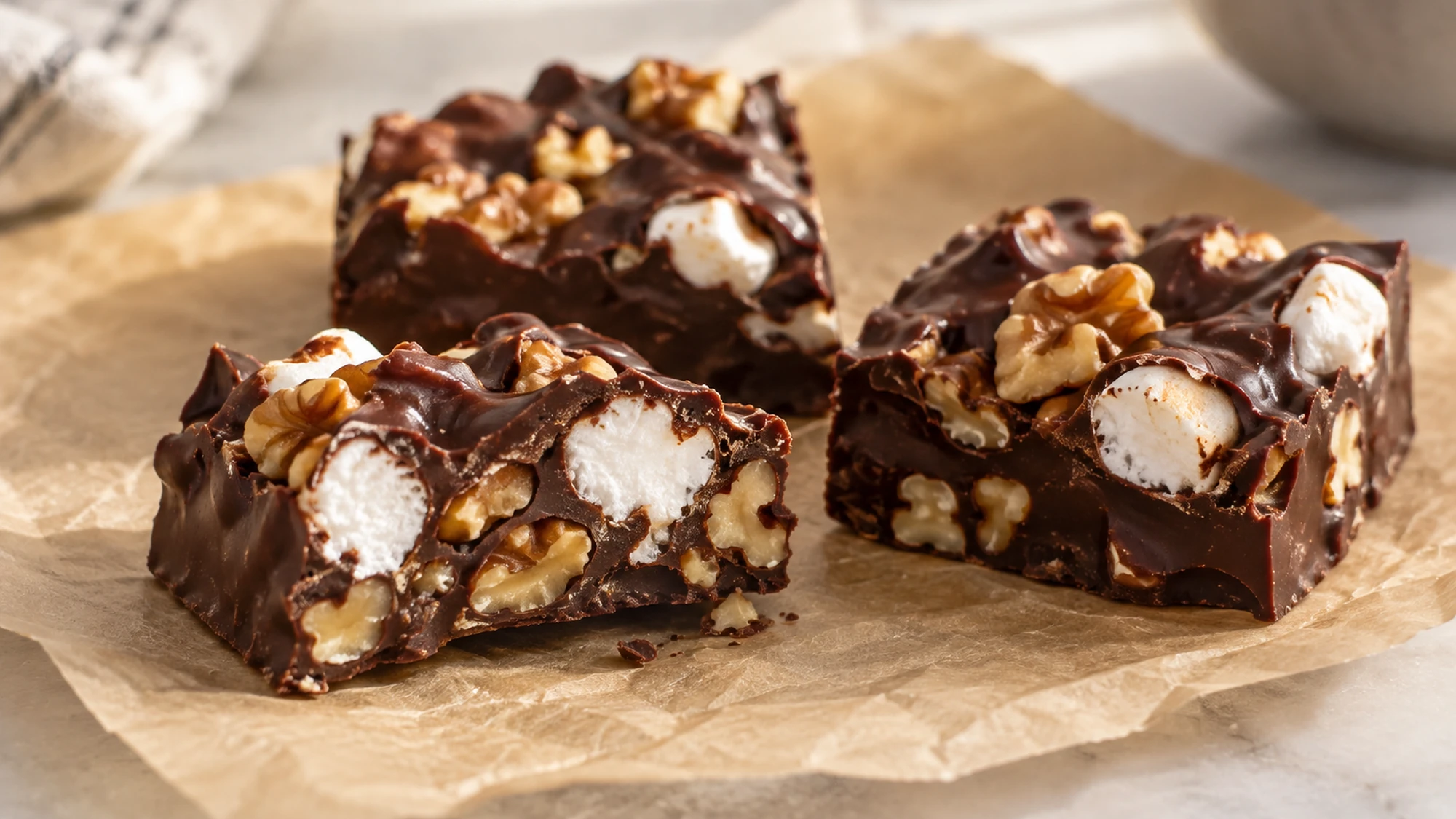 Close view of a cut rocky road candy square showing dark chocolate, marshmallow pockets and walnuts.