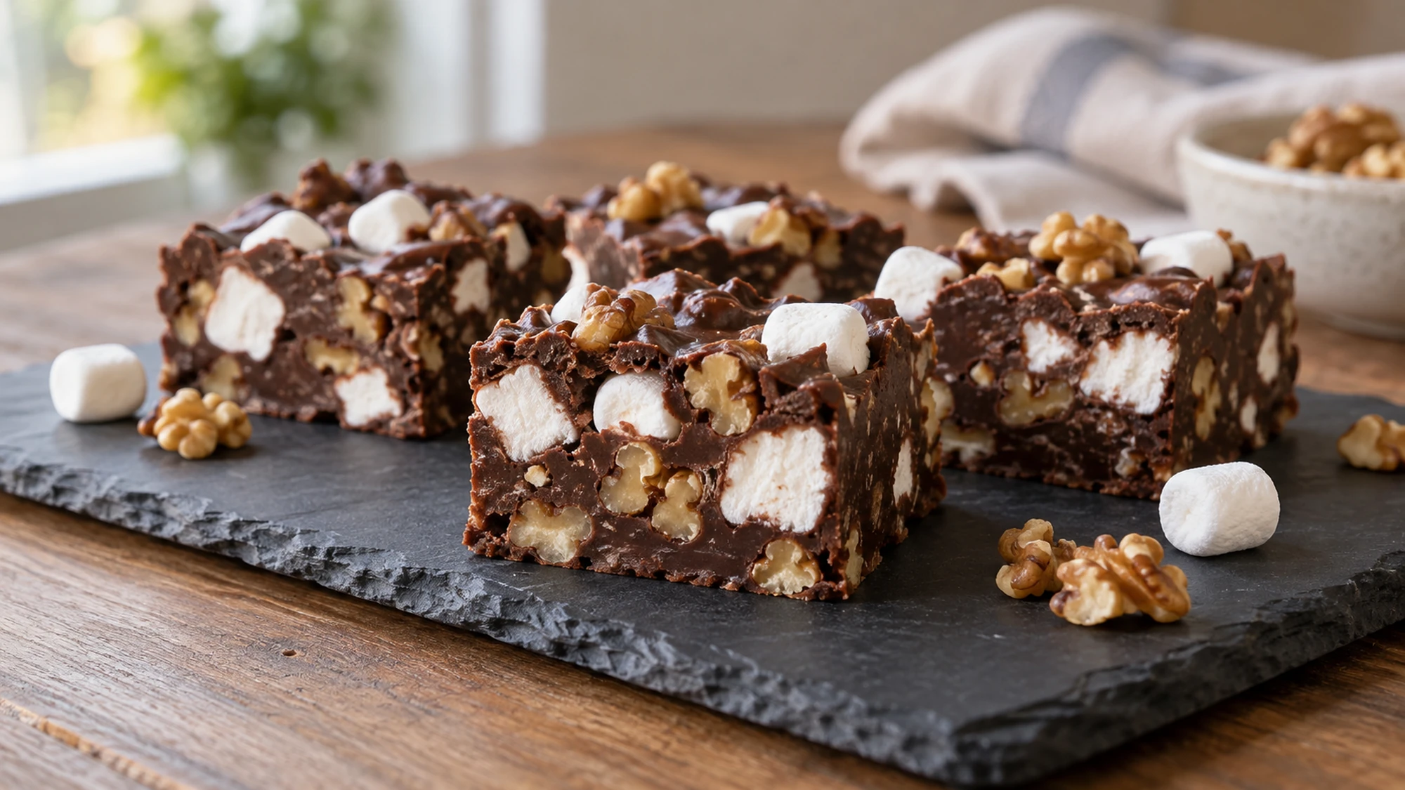 Finished rocky road squares on a serving board with visible toasted walnuts and white marshmallow.
