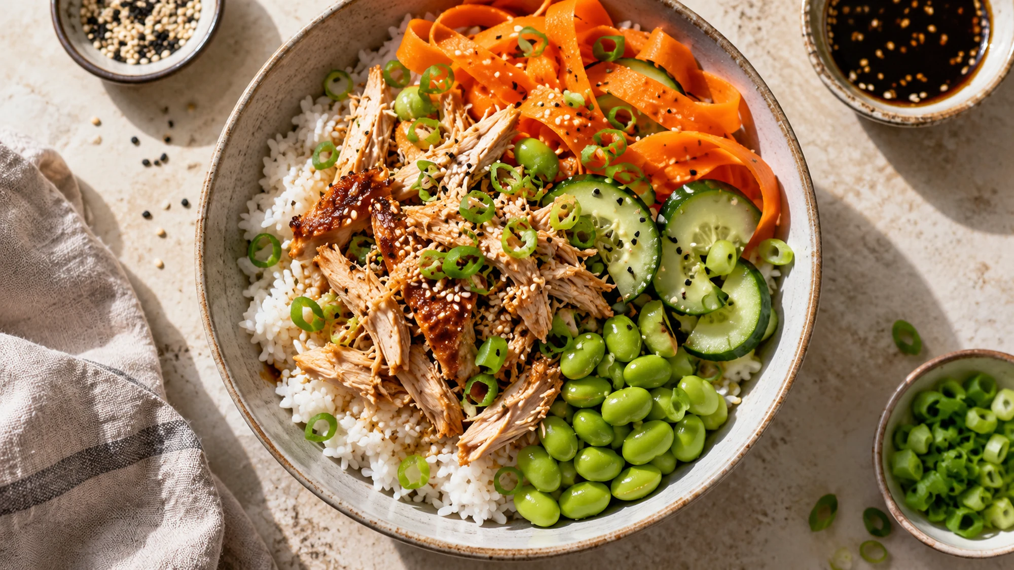 Overhead view of rotisserie chicken rice bowl with its finished ingredients visible.