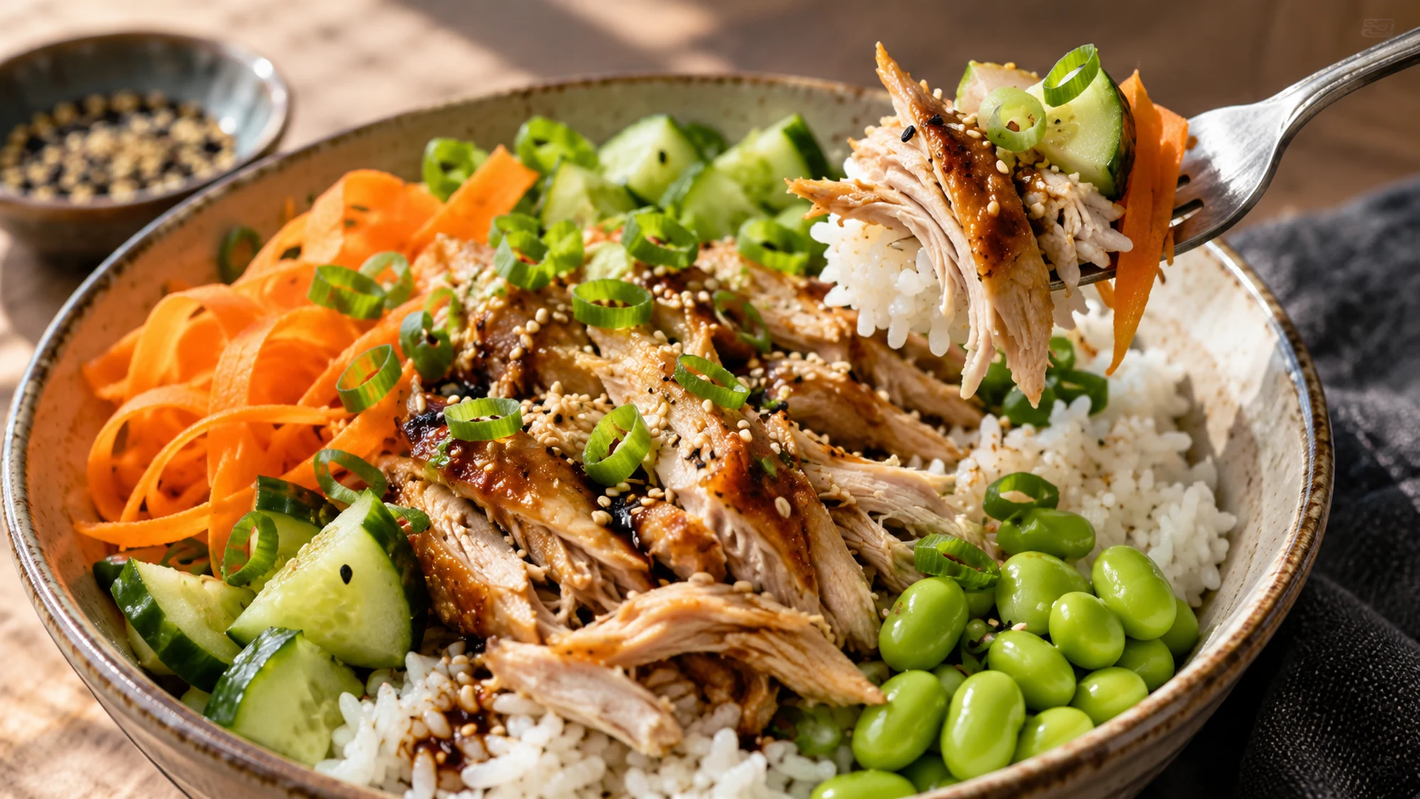 Close serving detail of rotisserie chicken rice bowl. Fork lifting cooked chicken and rice, with crisp vegetables visible.