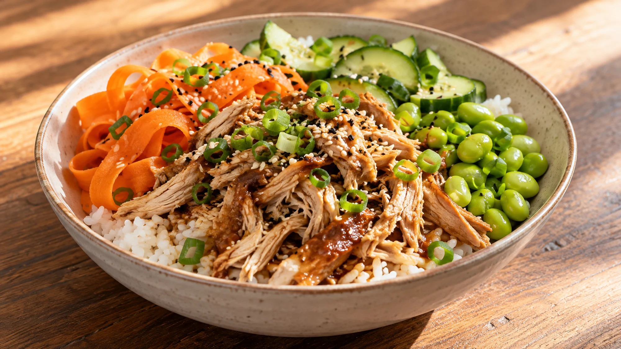 rotisserie chicken rice bowl arranged for serving on a simple home table.