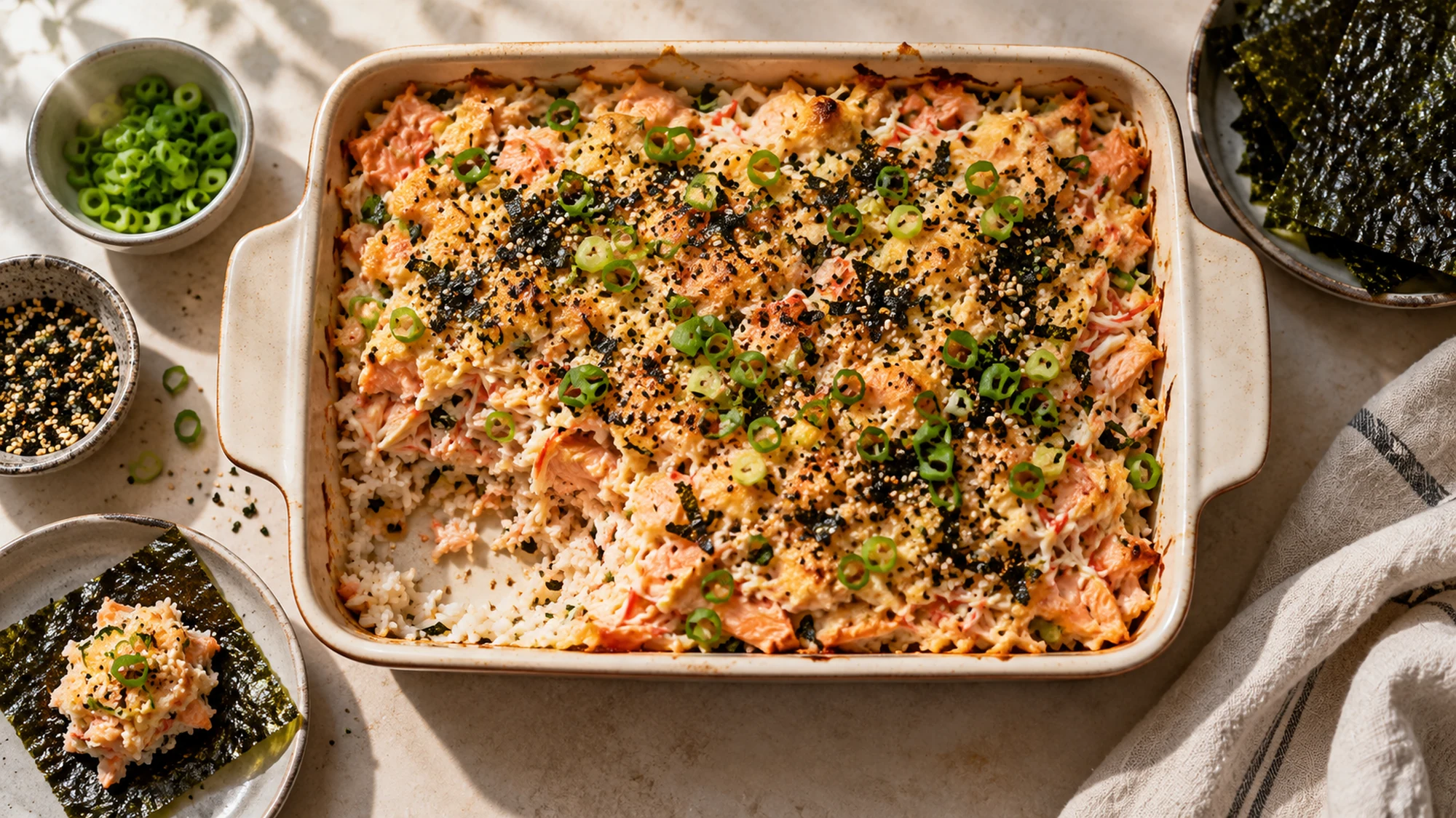 Overhead view of salmon sushi bake with its finished ingredients visible.