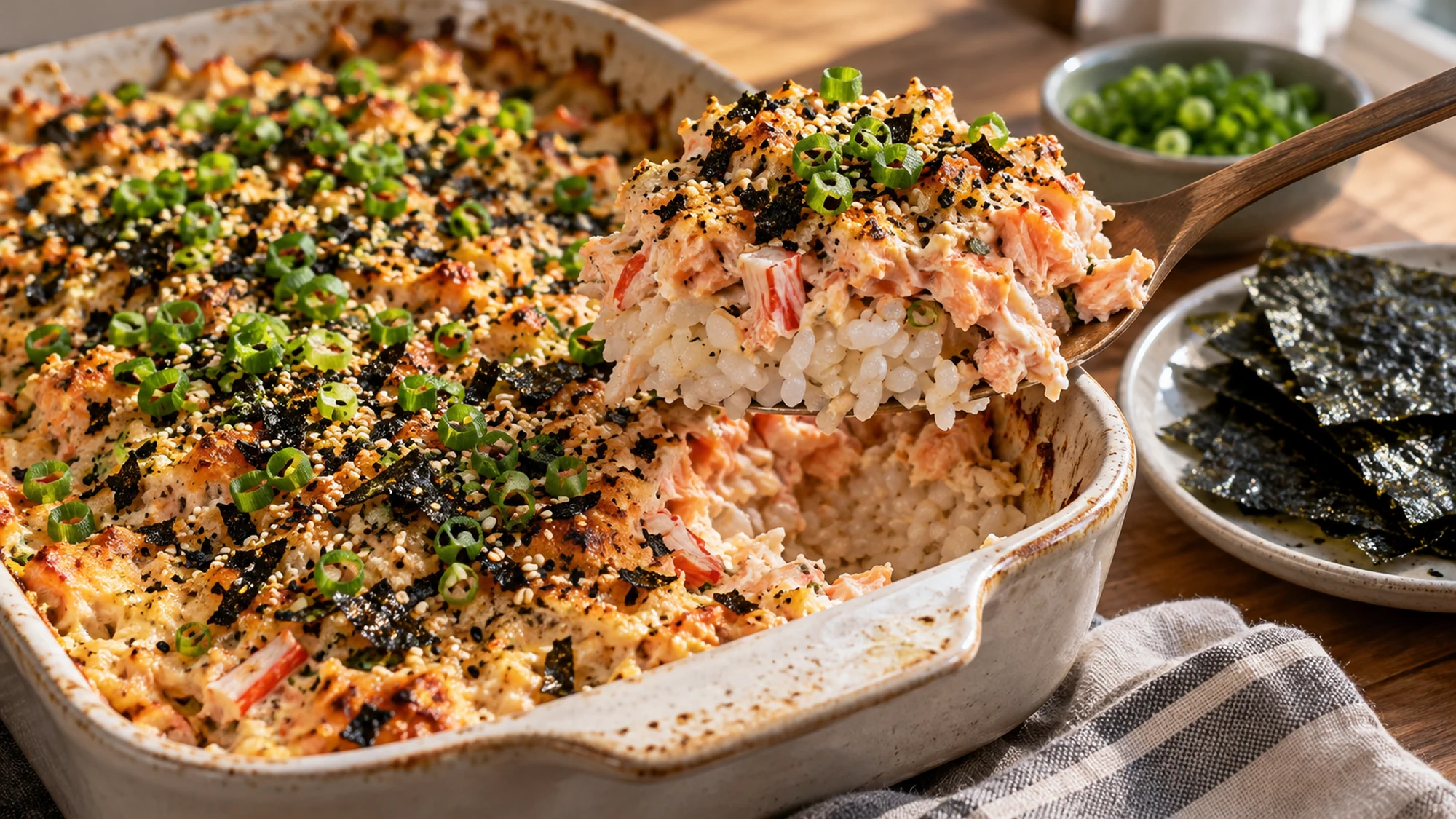 Close serving detail of salmon sushi bake. A serving spoon lifting a scoop that clearly shows rice below cooked salmon topping.