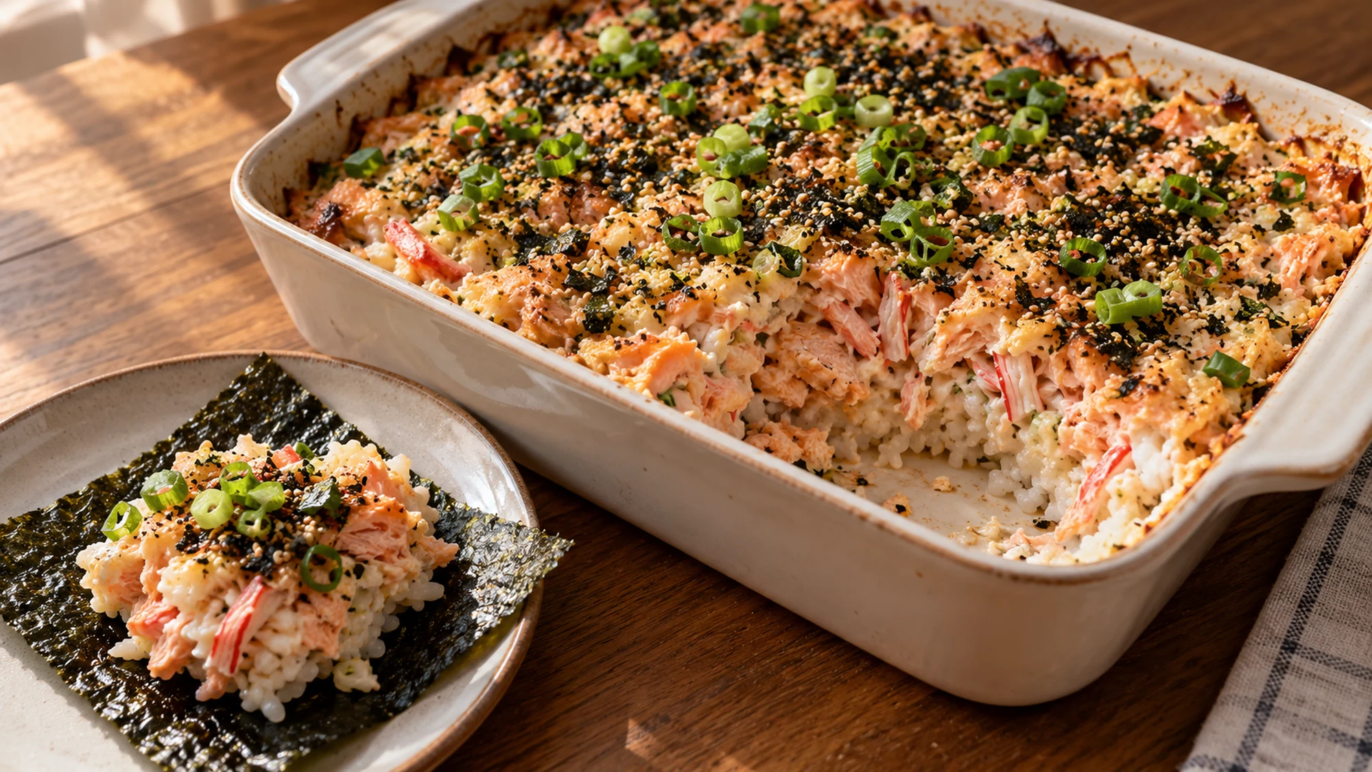 salmon sushi bake arranged for serving on a simple home table.