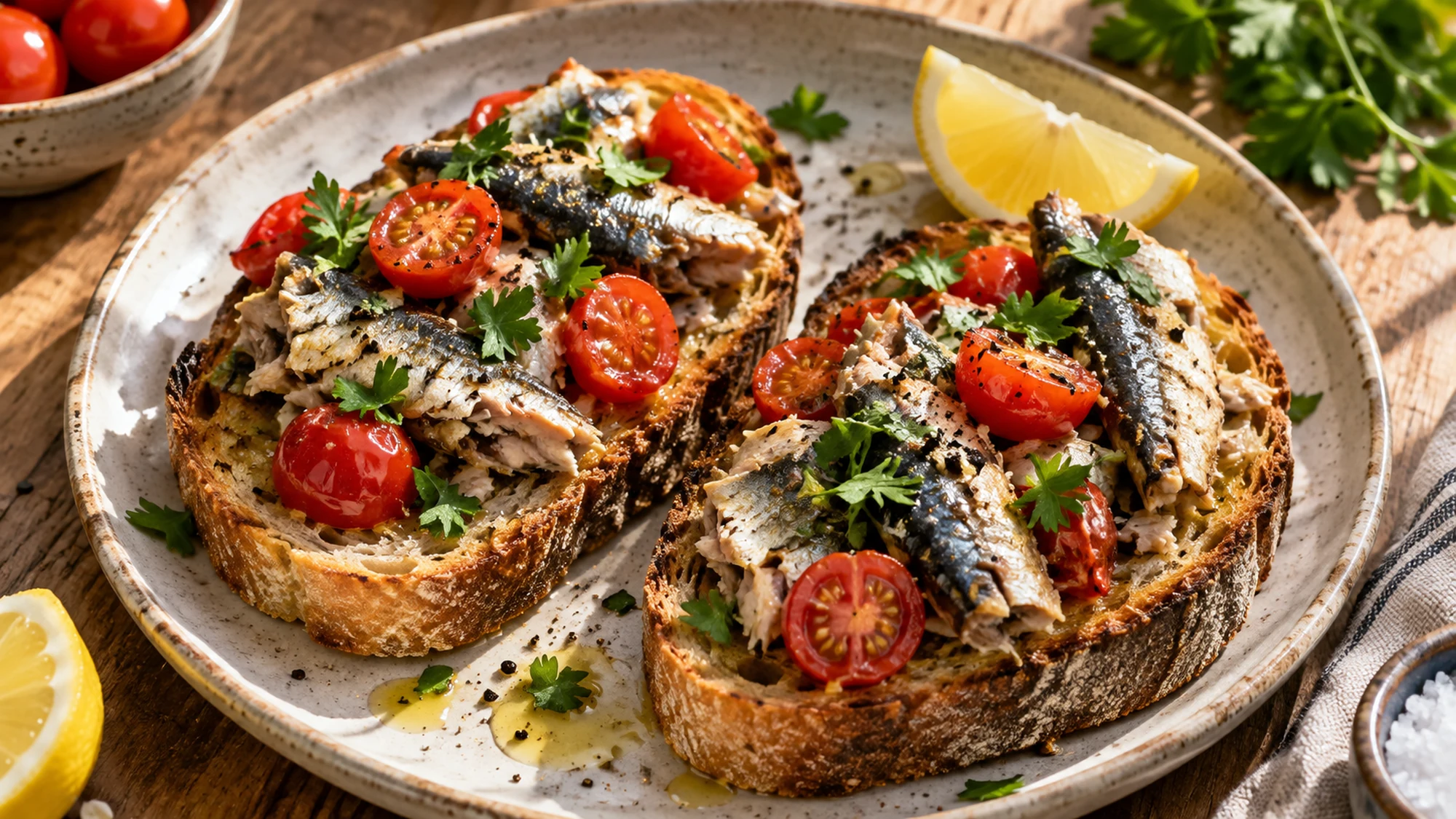 Overhead view of sardine tomato toast with its finished ingredients visible.
