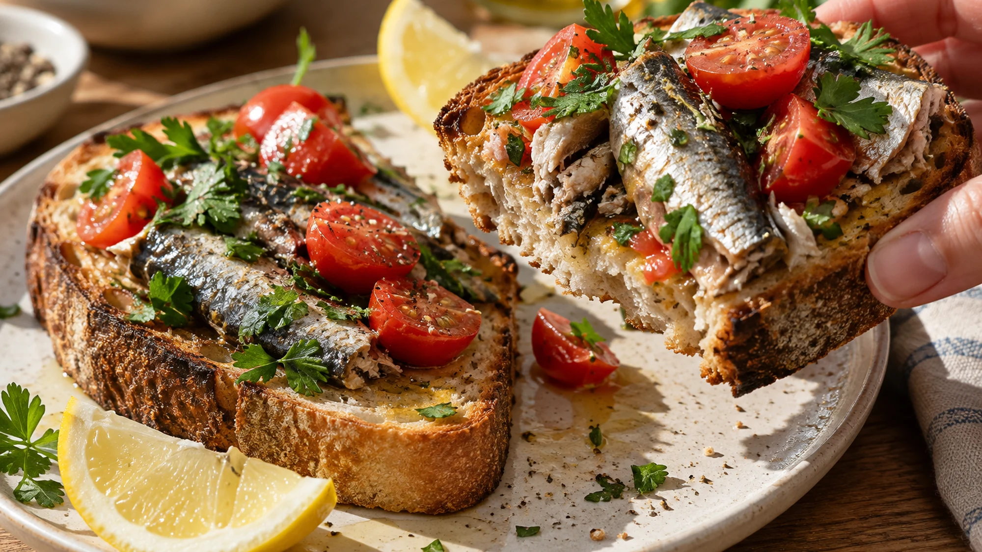 Close serving detail of sardine tomato toast. A lifted piece of crisp toast showing sardine flakes and fresh tomato topping.