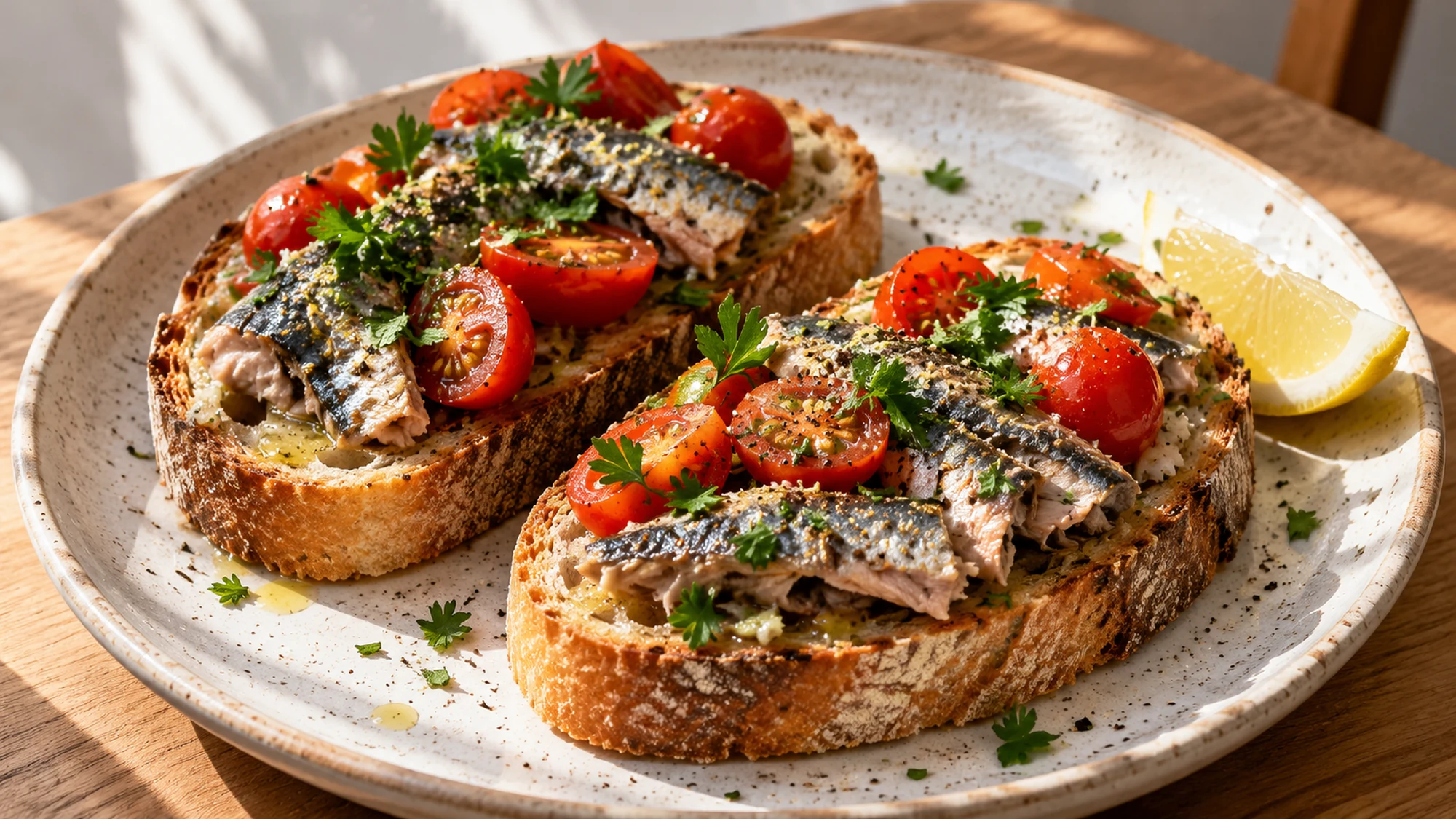 sardine tomato toast arranged for serving on a simple home table.