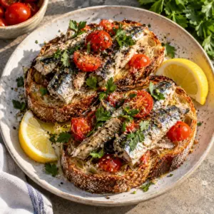 Square close-up of the finished sardine tomato toast.