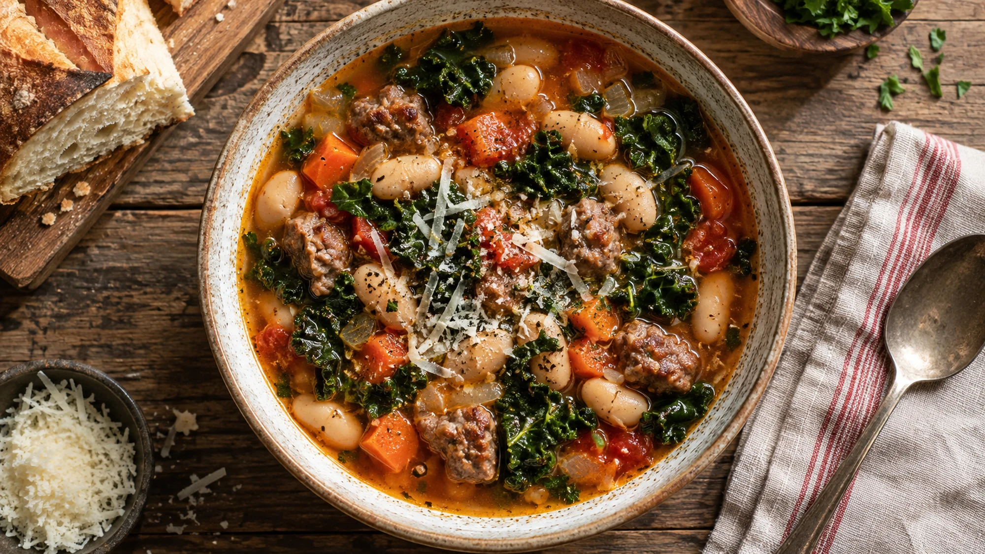 Overhead view of sausage white bean kale soup with its finished ingredients visible.