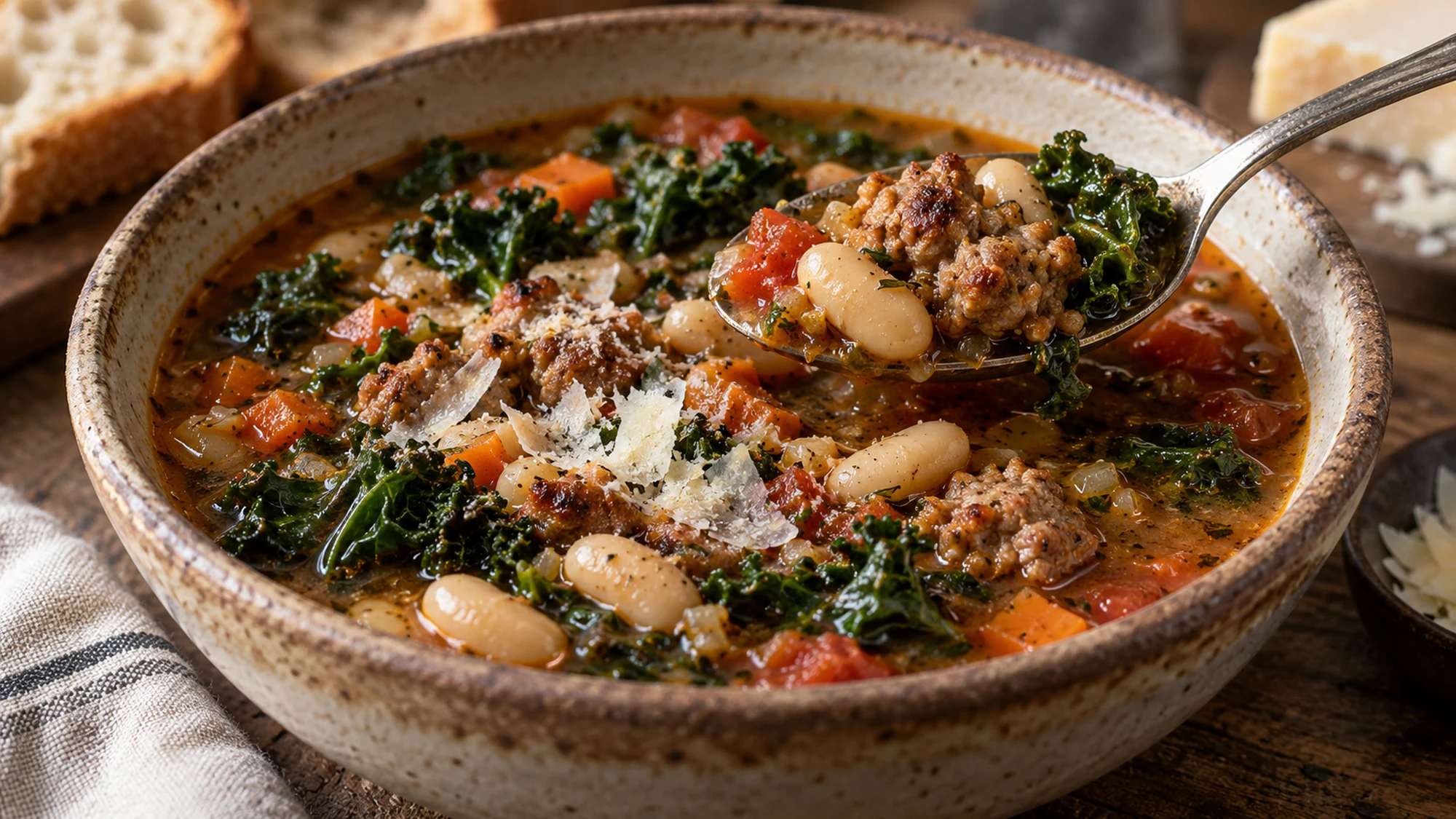 Close serving detail of sausage white bean kale soup. Spoon lifting cannellini beans, sausage and kale from the broth.