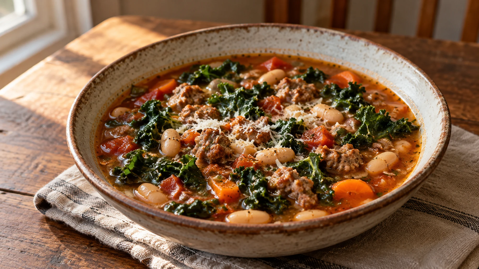 sausage white bean kale soup arranged for serving on a simple home table.