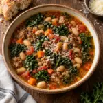 Square close-up of the finished sausage white bean kale soup.