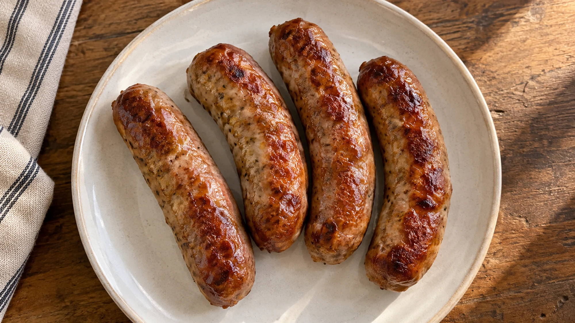 Overhead view of sausages in air fryer with its finished ingredients visible.