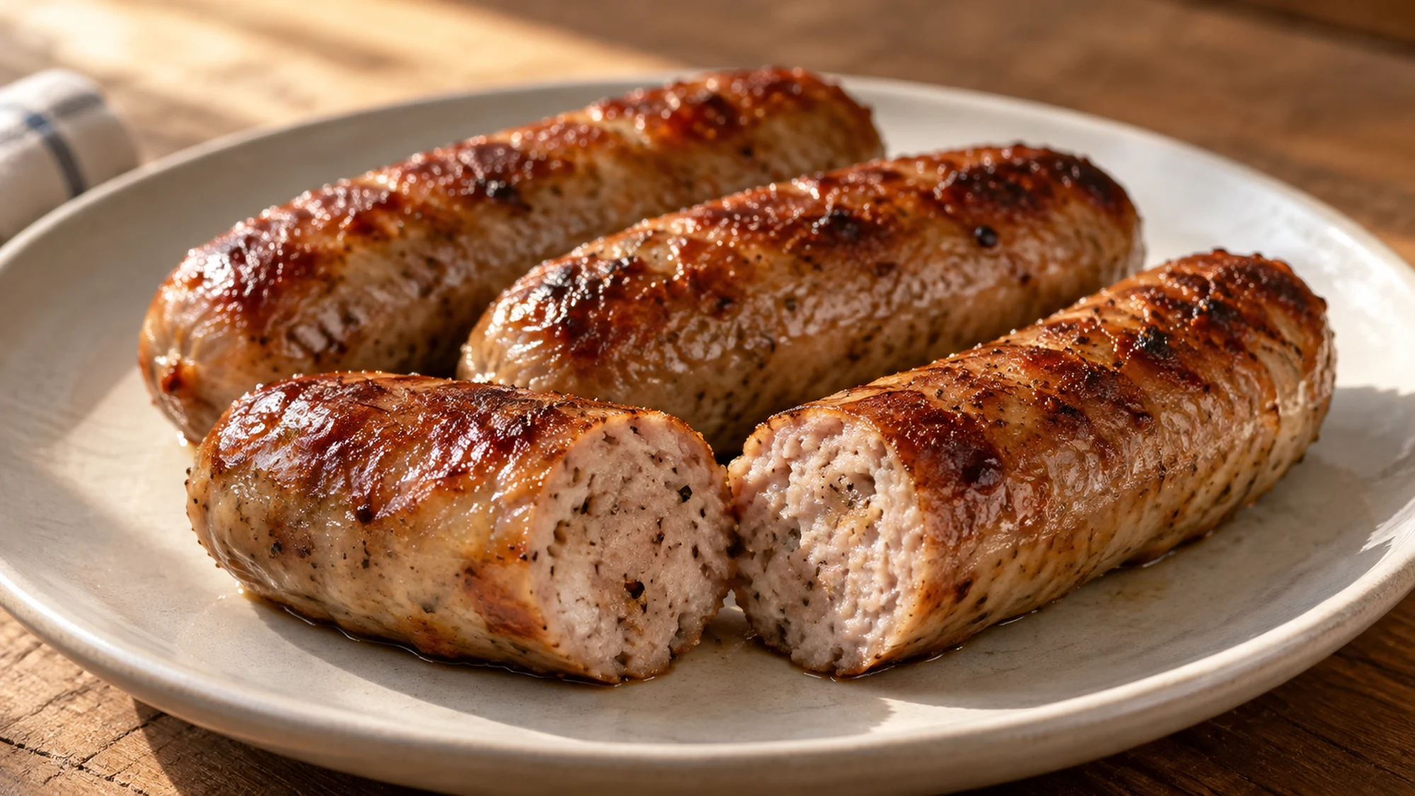 Close serving detail of sausages in air fryer. A neatly cut sausage showing its fully cooked, juicy center, with browned links behind.