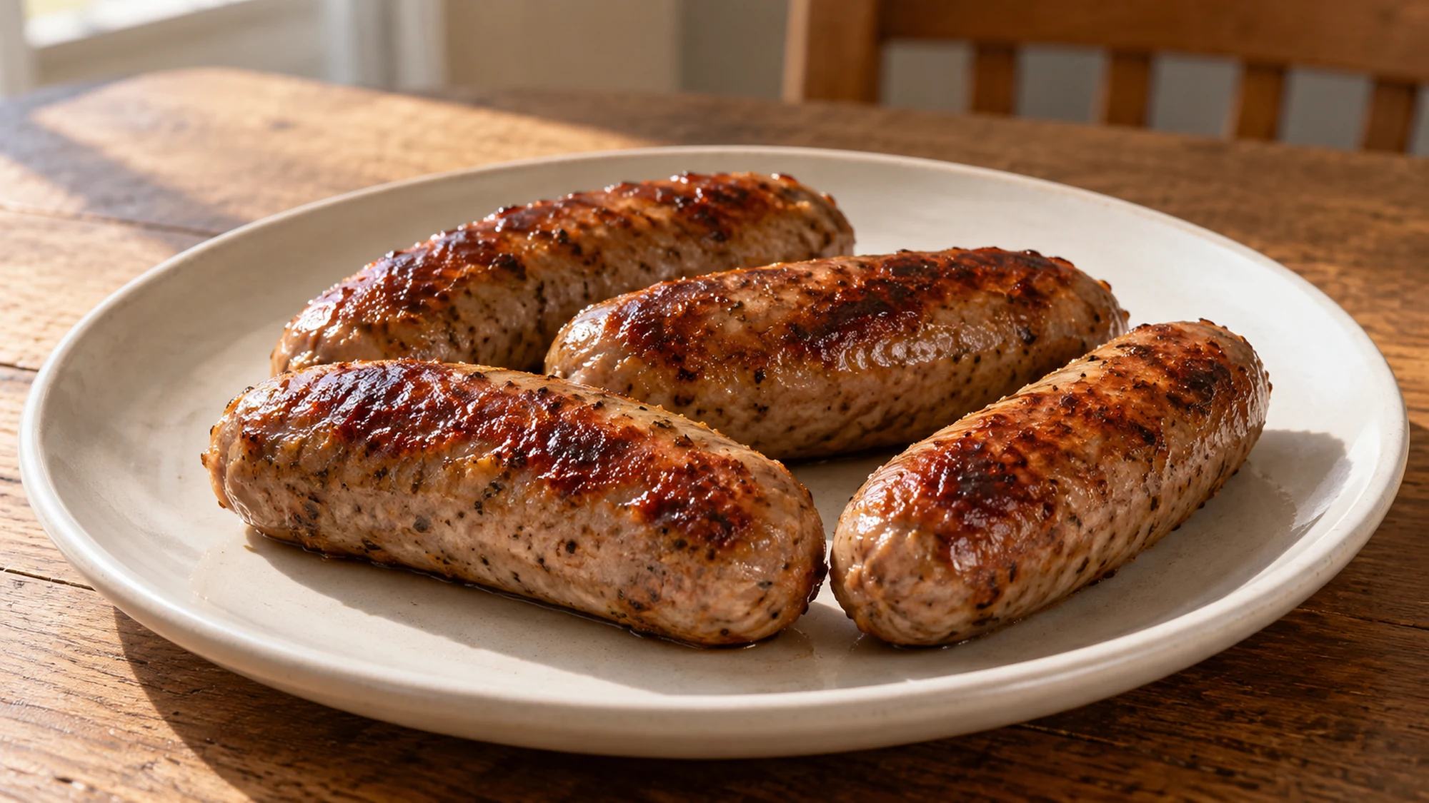 sausages in air fryer arranged for serving on a simple home table.