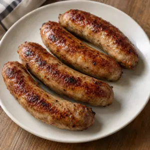Square close-up of the finished sausages in air fryer.