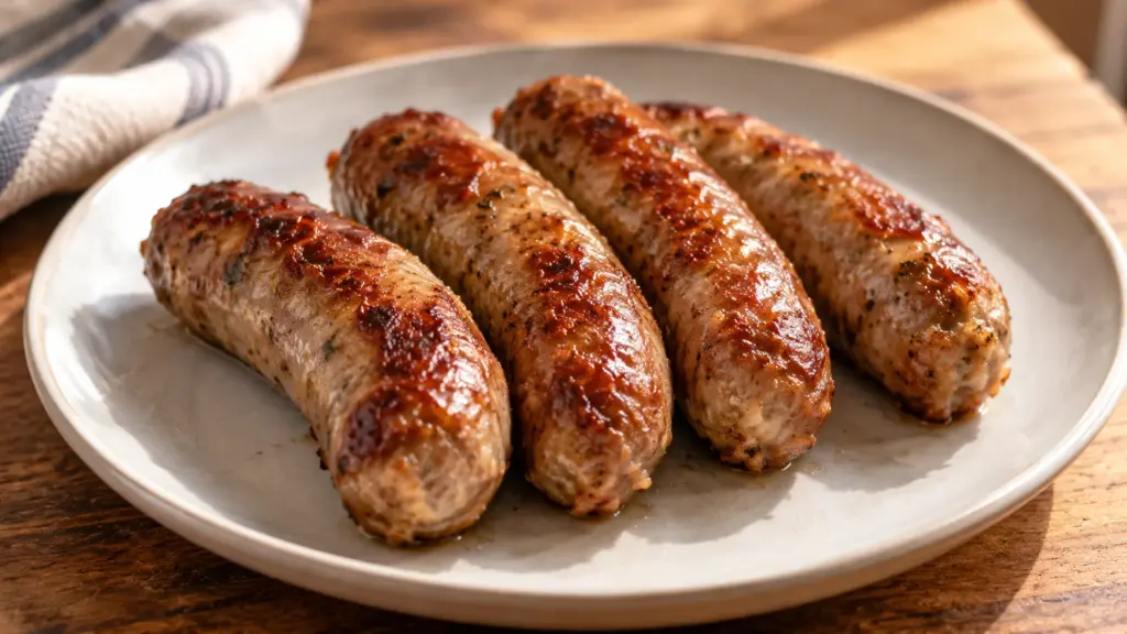 sausages in air fryer served fresh, showing Fresh pork sausage links cooked in the air fryer until browned and safely done inside.