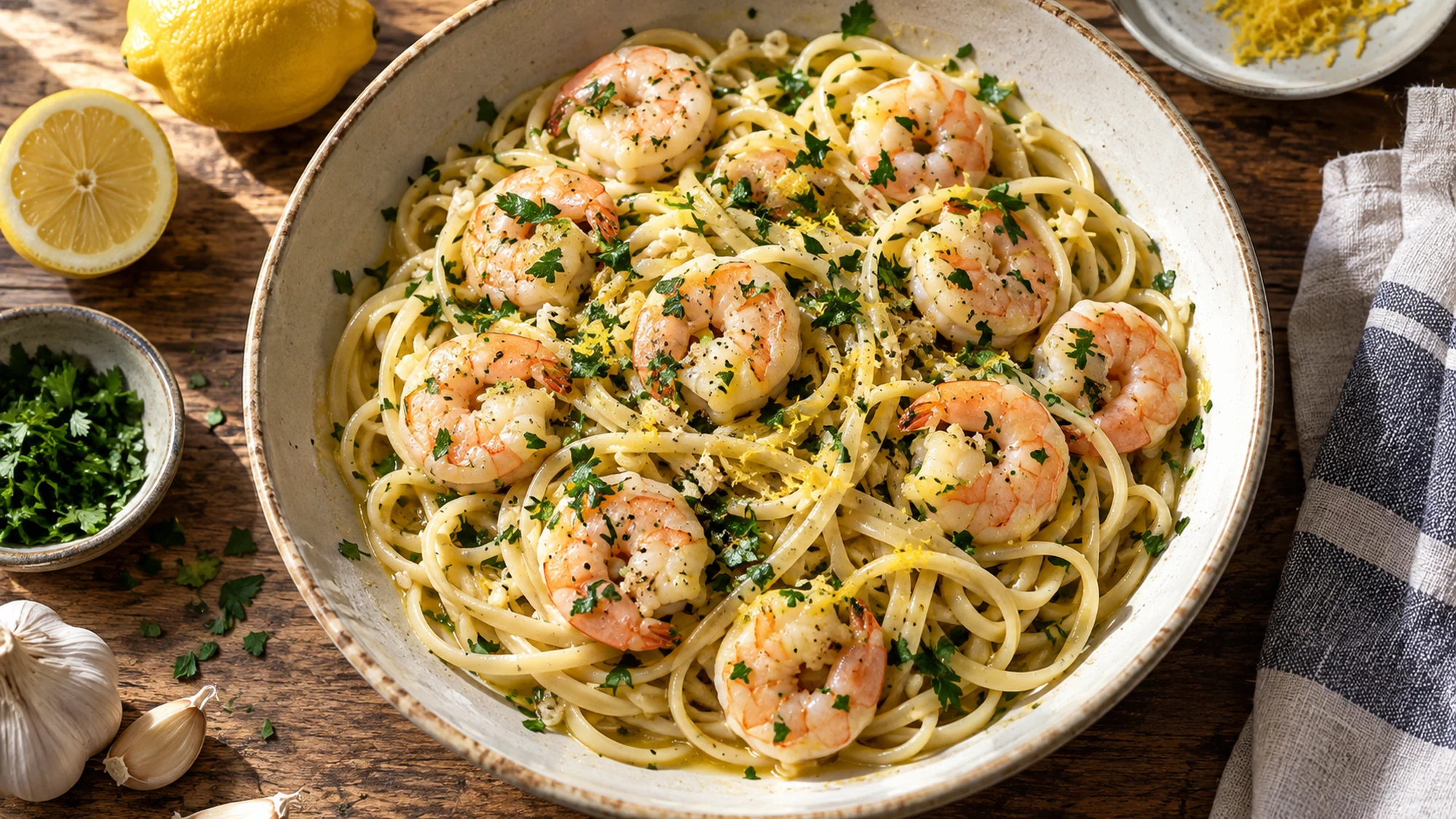 Overhead view of scampi with its finished ingredients visible.