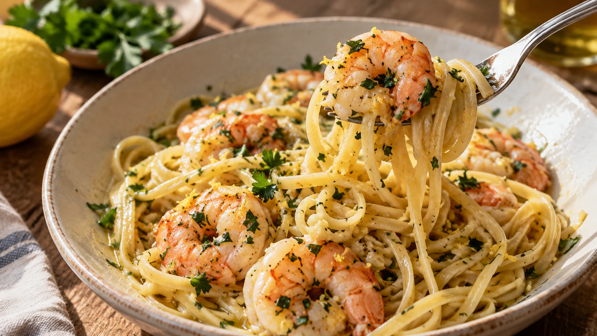 Close serving detail of scampi. Fork lifting linguine with one opaque shrimp and parsley.