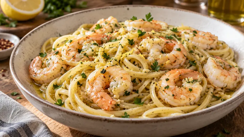 scampi served fresh, showing Tender shrimp and linguine tossed in a garlicky butter, white wine and lemon pan sauce.